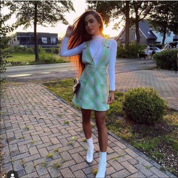 Zara Plaid Pinafore Tweed Dress Pastel Green White Overall Mini size Small - Picture 4 of 15
